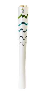 2016 RIO OLYMPIC TORCH, used in the Brazilian Torch Relay. Recycled aluminum and resin, 69cm tall, the colorful layers reflect the ground, the sea, the mountain, and the sky at the top with the yellow sun (the flame). Used in the torch relay, light discol