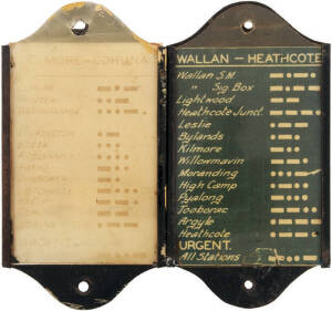 RAILWAYS: Labels for VR Safeworking Equipment (2) - Wallan-Heathcote (15 station codes) & Elmore-Cohuna (13 codes). Group of small 3D items, noted Square Keys (carriage keys x 3); type; small points indicator; railway rubber stamps (6) including "Cancelle