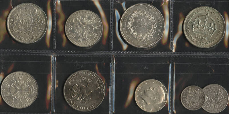 World silver coins in small box with Australia KGVI & QEII, 3d to Florin, Crown 1937 x6 and 1938, 1966 50c x8, Â Austria 1959 50Sch, France 1978 50f, Latvia 1931 5 Lati, USA Kennedy Half-Dollars, also some copper & bronze travellers change; and Hong Kong