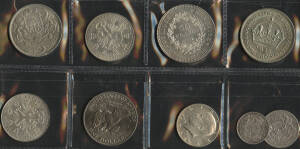 World silver coins in small box with Australia KGVI & QEII, 3d to Florin, Crown 1937 x6 and 1938, 1966 50c x8, Â Austria 1959 50Sch, France 1978 50f, Latvia 1931 5 Lati, USA Kennedy Half-Dollars, also some copper & bronze travellers change; and Hong Kong 