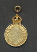 AUSTRALIA: 1913 15ct Gold medal, (22.65g 30mm) crown with suspension ring above 'ARMY CHAMPIONSHIPS VICTORIA' surrounding mounted soldier and artillery, ship in background, rev. engraved '100 Yards Race / 1896-97 Quota / Senior Cadets / First / CADET SPEN - 2