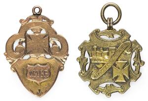 AUSTRALIA: WESTERN AUSTRALIA GOVt. RAILWAYS AMBULANCE CORPS:Â 1910 (25mm x 29mm, gold plated), 'AMBULANCE CORPS.' within diagonal scroll, steam train above and Maltese Cross below, suspension loop at top, rev. engraved 'SENIOR TEAM / COMPETITION / 1910 / 