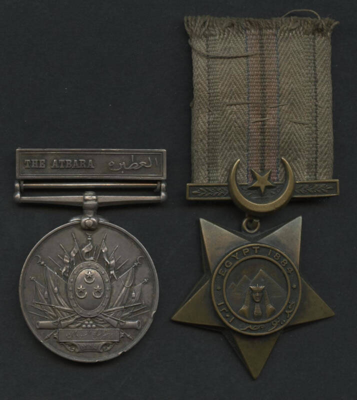 GREAT BRITAIN: KHEDIVE'S STAR 'EGYPT 1884' MY #132, KHEDIVE'S SUDAN MEDAL 1896-1908 with 'THE ATBARA' clasp, engraved '2251 PTe. Mc LENNONG 1 CAM. HIGHrs' MY#146 (no ribbon) a few rim knocks.