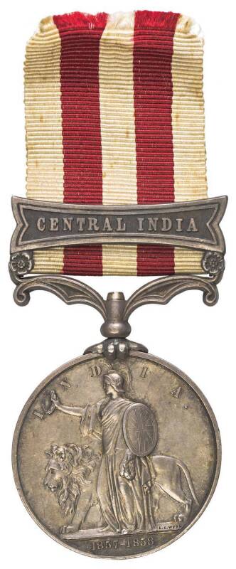 GREAT BRITAIN: INDIAN MUTINY MEDAL, 'CENTRAL INDIA' clasp, MY #121,Â impressed 'BDE SERJT. JOHN PURDUE, 1ST C, 2ND BN. BOMBAY ARTY.', gVF.
