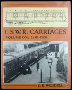 RAILWAY BOOKS, noted "L&SWR Locomotives - The Early Engines 1838-53 and the Beattie Classes" by Bradley [UK, 1989]; "LSWR Carriages - Volume One 1838-1900" by Weddell [UK, 1992]: "Ramsay's British Model Trains Catalogue" [5th Edition, UK, 2006]; "Murray D