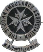 - ST. JOHN AMBULANCE,&Acirc;&nbsp;badges with circular black enamel/white metal (36mm x 45mm) 'ST JOHN AMBULANCE ASSOCIATION' surrounding Maltese Cross, lions and unicorns within, black enamel background with black enamel text within scrolls below, 1) 'W.A. GOVT RAI