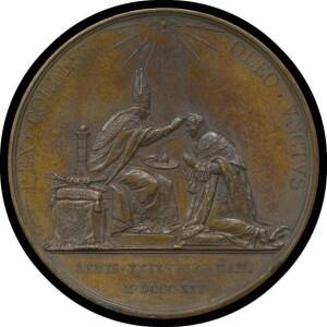 FRANCE: 1825 Charles X coronation medal by Gayrard, 'CAROLVS X CHRISTIANISSIMVS' surrounding profile bust, rev. 'REX COELESTI OLEC VNCTVS' surrounding archbishop annointing kneeling king,Â 'REMIS XXIX DIE MAII M DCCC XXV' in exergue, VF.