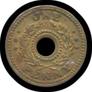 INTERNMENT CAMP TOKENS:Â 1d Brass Internment Camp Token, EF.