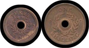 INTERNMENT CAMP TOKENS: THREE PENCE, 3d and ONE SHILLING 1/- copper alloy, both Unc.