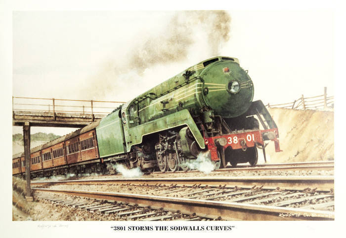 RAILWAYS PRINTS: Kenneth G.Bowen (1925-99) limited edition railway prints (10 different x 4 of each), including "3827 Heads the 'Newcastle Flyer' Out of Gosford", "Oliver Cromwell On A Wet Day" & "Blue Peter". Also reprinted railway photographs (3, each 5