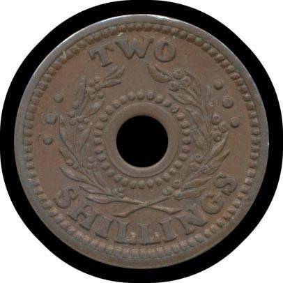 INTERNMENT CAMP TOKENS: TWO SHILLINGS: 2/- Copper alloy Internment Camp Token, very small rim knock above 'TWO' not detracting from appearance, otherwise Unc.