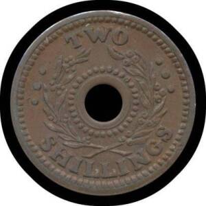 INTERNMENT CAMP TOKENS: TWO SHILLINGS: 2/- Copper alloy Internment Camp Token, very small rim knock above 'TWO' not detracting from appearance, otherwise Unc.