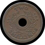 INTERNMENT CAMP TOKENS: TWO SHILLINGS: 2/- Copper alloy Internment Camp Token, very small rim knock above 'TWO' not detracting from appearance, otherwise Unc.