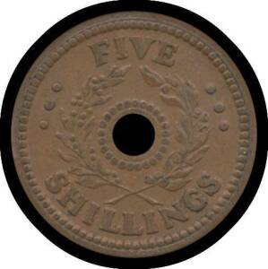 INTERNMENT CAMP TOKENS: FIVE SHILLINGS: 5/- Copper alloy Internment Camp Token, brown, EF.