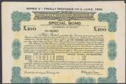 TREASURY BOND, '&Acirc;&pound;100 SPECIAL BOND' series "E", dated 22nd Feb 1961 with 'Roland Wilson / Secretary To The Treasury' signature, green on yellow underprint on Large Crown over 'A' watermarked paper, complete with 13 Interest Redemption coupons, rev. CofA c