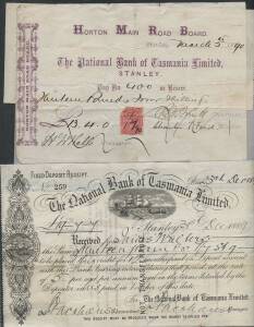 CHEQUES:Â TASMANIA, 1886-1918 Varied collection, most with Revenue Stamps or Impressed Duty or both with better items noted including 'The National Bank of Tasmania' pictorial advertising cheques for 'Tatlow's Royal Mail Coaches' and 'Tatlow's Royal Mail 