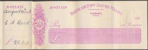 CHEQUES:Â TASMANIA, 'BANK OF NEW SOUTH WALES / HOBART / TASMANIA' book containing filled stubbs dated 1913-15 and 11 blank cheques in mauve, dated '191....', each with albino impressed 'STAMP DUTY / TASMANIA / [Platypus] / ONE PENNY', blue outer cover wit