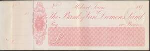 CHEQUES: TASMANIA, 'THE BANK OF VAN DIEMENS LAND' book of 12 blank cheques printed in pink 'HOBART TOWN ...187..' at top, each with albino circular 'TASMANIA STAMP DUTY / ONE PENNY' surrounding Coat of Arms, buff outer cover, also 'THE COMMERCIAL BANK OF 