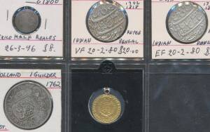 PROCLAMATION COINS: Assortment with silver; India 1792-1811 Bengal Rupee (2/6d) x3, Mexico 1798 Â½ Reale, Netherlands 1762 1 Guilder (2/-); and gold, Great Britain 1802 Half-Guinea (11/-), copper suspension loop (4.2g), condition varied.