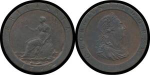 PROCLAMATION COINS: Great Britain, One Penny Cartwheel (2d): 1797 George III, clear red/blue fields, aUNC.