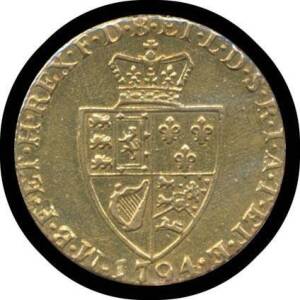 PROCLAMATION COINS: Great Britain, Spade Guinea (Â£1/2/-) 1794, First head type, rev. spade shaped shield, gold (22ct, 8.35g), VF.