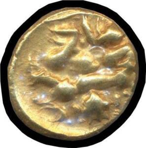India, Gold Pagoda (8/-), ND, stated to be Vijayanagar Empire c.1400's, Diety seated, rev. indistinguishable, (3.37g).