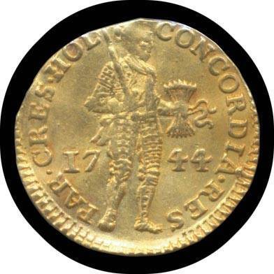 PROCLAMATION COINS: Netherlands, 1744 Ducat (9/6d), trade coinage, armoured knight standing holding arrows, rev. 'MO.ORD/PROVIN/FOE[DE]R/BELG.AD/LEG IMP' (.986 gold 3.6g), aEF.