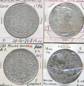 PROCLAMATION COINS: Spanish Colonies, Mexico,Â 'Pillar Dollar' 8 Reales (5/-), Charles III 1786FM, Charles IV 1797FM, (VF), 1806M numerous chop marks, and 1811 HJ Fedinand VII, condition varied.