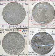 PROCLAMATION COINS: Spanish Colonies, Mexico,&Acirc;&nbsp;'Pillar Dollar' 8 Reales (5/-), Charles III 1786FM, Charles IV 1797FM, (VF), 1806M numerous chop marks, and 1811 HJ Fedinand VII, condition varied.