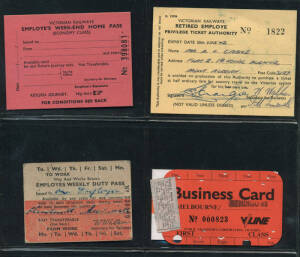 VICTORIA: Collection of VR weekly tickets; VR & MMTB weekly tickets; "Employees Weekly Duty Passes"; "Employee's Week-end Home Passes"; "Business Pass" (Bendigo-Melbourne); Suburban Utility Blanks; School Term tickets; Quarterlies (plastic); Date to Date 