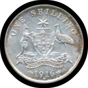 KGV: 1916M 1/- showing&Acirc;&nbsp;die crack under Roo, aUnc.