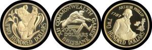 TWO HUNDRED DOLLARS:&Acirc;&nbsp;$200 Proofs, 1980 Koala reverse, 1982 Commonwealth Games, 1983-86 Koala rev. and 1987 Arthur Philip, in cases, 4 with cardboard outers, some damaged by damp, the coins unaffected.