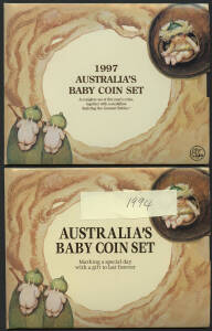 BABY COIN SETS: 1993-2002 including 1993 incorrect artwork, no medallion,1996 with No barcode&Acirc;&nbsp;and With barcode, McDonald Cat $1800.