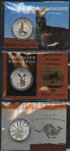 ONE DOLLAR: $1 (1oz) 1993-2002 Silver Kangaroo x18, 1997-2001 cased proofs with 1996 Anniversary of Decimal Currency, 1997 & 98 Parliament house x2, 1999 Majestic Images x4, 2000 Proclamation Coin x4 and 1999-2001 Silver Kangaroo; plus $2 (2oz)Â 1992 Proo