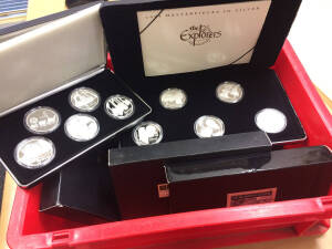 FIVE DOLLARS: $5 Masterpieces in Silver, 1993 x2 & 1994&Acirc;&nbsp;'The Explorers', damaged vinyl cases, 1995 'Colonial Australia', 1996 'Shaping a National Identity', 1997 'Opening of a Continent' x2, in cases with cardboard outers. (35 coins)