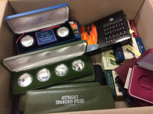 - $10 Sterling Silver (92.5%), 1985-93 State Series Proof set (8), damaged case, 1995-98 Endangered Species Standard Proof set (4) plus extra 1995-96, and Piedfort Proof set (4) in case, plus extra 1995 x2 & 1996; also $10 Fine Silver (99.9%) cased sets w