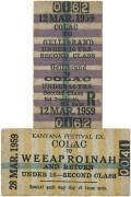 VR: Edmondson tickets (8) for SPECIAL EXCURSIONS ON THE CROWES LINE, all with printed dates 1959-1962 (to Weeaproinah, Gellibrand or Beech Forest); 31 Jan.1955 Ticket with printed date for "Young Sun" UFTG-Belgrave excursion, Train no.1; few other NG Belg