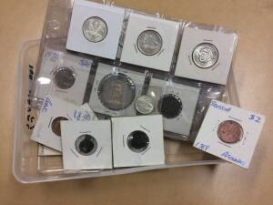 Mixed group with some better items including Australia Internment Camps 3d, verdi-gris, silver with 1/- 1911, 1925, 1938, 2/- 1934-35 Melbourne Centenary x2, 1942, 1963, Sweden 1898 1 Krona, Ancients x4, Prussia 1769 Pfennig etc, condition varied.
