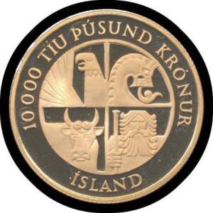 ICELAND: 1974 10,000 Kroner Proof, KM #22, 1100th Anniversary of settlement, rev. traditional protector spirits, the bull, the eagle, the dragon and the giant within circle, (0.900, 15.5g), agw 0.4485oz, plus Silver 500k and 1000k KM #20 & 21, FDC.