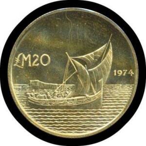 MALTA:&Acirc;&nbsp;1974 &Acirc;&pound;M20, Crowned Arms with supporters, rev. Gozo boat with lateen sails, KM #27, (6.0g 22ct), agw 0.1758oz. Unc.&Acirc;&nbsp;
