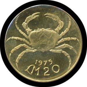 MALTA:&Acirc;&nbsp;1975&Acirc;&nbsp;&Acirc;&pound;M20, Sun above long boat, rev. crab, KM #37, (6.0g 22ct), agw 0.1758oz. Unc.&Acirc;&nbsp;