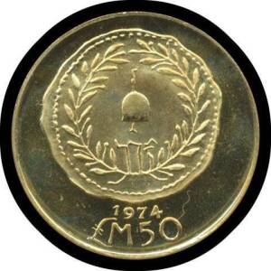 MALTA:&Acirc;&nbsp;1974 &Acirc;&pound;M50, Crowned Arms with supporters, rev. first Maltese coin, KM #28, (15.0g 22ct), agw 0.4394oz. Unc.&Acirc;&nbsp;