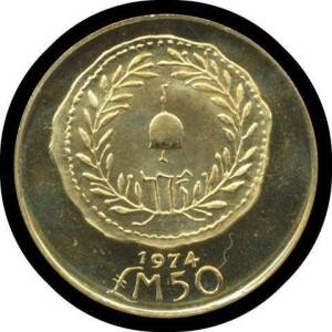 MALTA:Â 1974 Â£M50, Crowned Arms with supporters, rev. first Maltese coin, KM #28, (15.0g 22ct), agw 0.4394oz. Unc.Â 