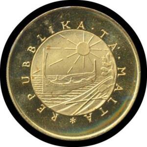 MALTA:Â 1975Â Â£M50, Republic emblem, rev. ornamental stone balcony, KM #38, (15.0g 22ct), agw 0.4394oz. Unc.Â 