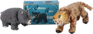 VINTAGE JAPANESE TIN TOYS: Attractive lot of 1950's Japanese wind-up toys; Nomura "Clever Bear" with box; Marx tiger; boy chasing swan; and bear riding a donkey.