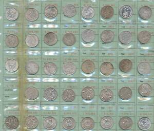 THREEPENCE: 1900-1944 Silver 3d collection, some dates from Maundy sets, plus 1937-67 nickel-brass 3d, complete date run including key dates KGVI 1946, (aVF) and 1949 (VF), and some earlier QV 3d & 4d, condition varied.Â 