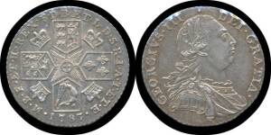 ONE SHILLING: George III 1787 1/-, Armoured laureate bust, 'GEORGIVS . III .DIE GRATIA', rev. shields in cruciform, S #3746, KM #607.2,&Acirc;&nbsp;Hanoverian shield with&Acirc;&nbsp;sem&Atilde;&fnof;&Acirc;&copy;e&Acirc;&nbsp;of hearts, Unc.