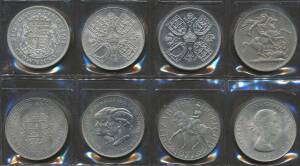 DOUBLE FLORIN: (4/-) QV 1888, rim dent showing on obverse; CROWNS: QV 1900 St. George rev. x2; KEVII 1902 St. George rev.; KGV 1935 Silver Jubilee, KGVI 1937 & 1951 Festival of Britain, QEII 1953 Coronation, 1960 British Trades Fair, 1965 Churchill, 1972,