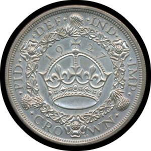 CROWN: KGV 1927 5/- Proof, S #4036, rev. Crown within wreath, (Unc). Only produced as a proof striking in 1927.