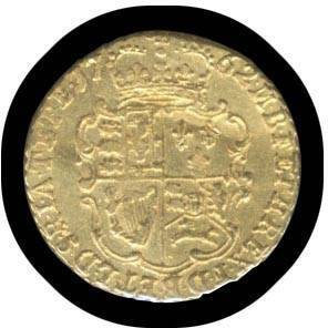 QUARTER-GUINEA: George III 1762 (3/6d), laureate head right, rev. crowned shield of Curras, S #3741, KM #592, gold (22ct, 2.09g), scratch on obverse, gVF. [One year type]